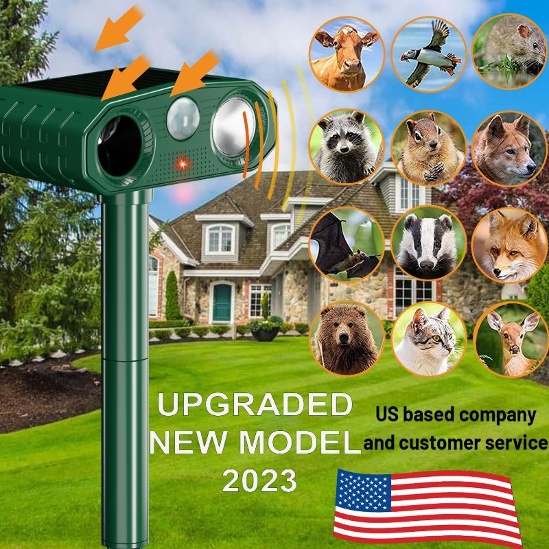 Photo 1 of 2023 Solar Ultrasonic Animal Repeller, Outdoor Animal Deterrent Solar Dog Chaser, Ultrasonic Solar Powered Animal Repeller Waterproof Animal Repeller Protect Farm for Dog, Cat, Bird, Rabbit, Raccoon