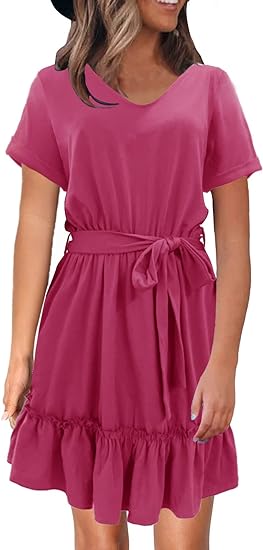 Photo 1 of Alaster Women's Summer T Shirt Dresses Short Roll Sleeve Flowy Swing Ruffle Dress Tie Waist with Pockets for Women XL PINK