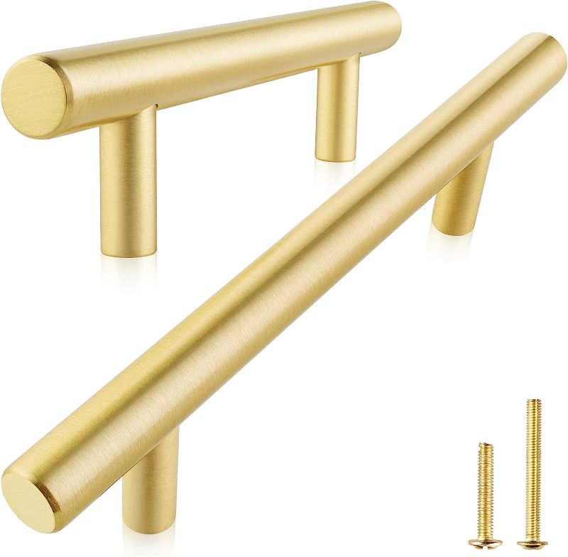 Photo 1 of  2-Pack Solid Brass Cabinet Pulls, Gold Euro Style T Bar Handles, 6-1/4-Inch Hole Center for Kitchen Drawer Dresser Cupboard, 8.7-Inch Total Length, Brushed Brass Finish