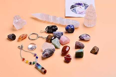 Photo 1 of AMOYSTONE 21 PCS Reiki Healing Crystals Kit for Beginners Chakra Witchcraft, Stones Balancing Meditation Energy Natural Raw Tumbled Stones