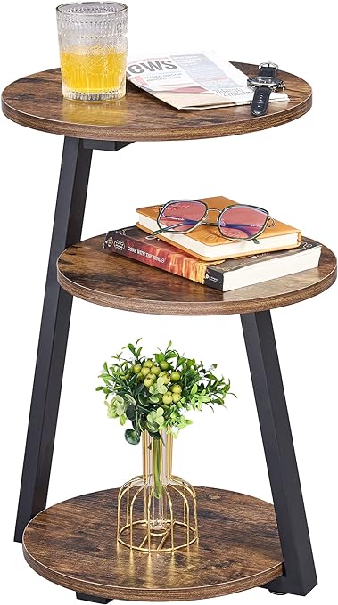 Photo 1 of BEWISHOME Round End Table Side Table with Metal Frame, Accent Table Nightstand Bedside Table with 3-Tier Shelves, Small Table for Living Room Bedroom Couch Table Patent ID29897359 Rustic Brown KTZ41Z
