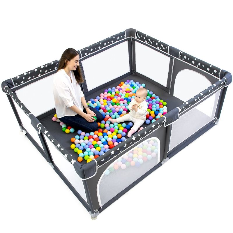 Photo 1 of Baby Playpen, ANGELBLISS Playpen for Babies and Toddlers, Extra Large Play Yard with Gate, Kids Safety Play Pens Portable Play Yard with Star Print ( Grey) **UNKNOWN SIZE**
