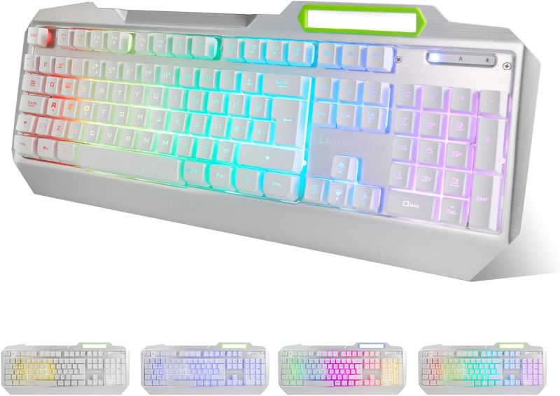 Photo 1 of Lumsburry RGB LED Backlit Gaming Keyboard with Anti-ghosting, Light up Keys Multimedia Control, USB Wired Waterproof Metal Keyboard for PC Games Office (Silver&White)
