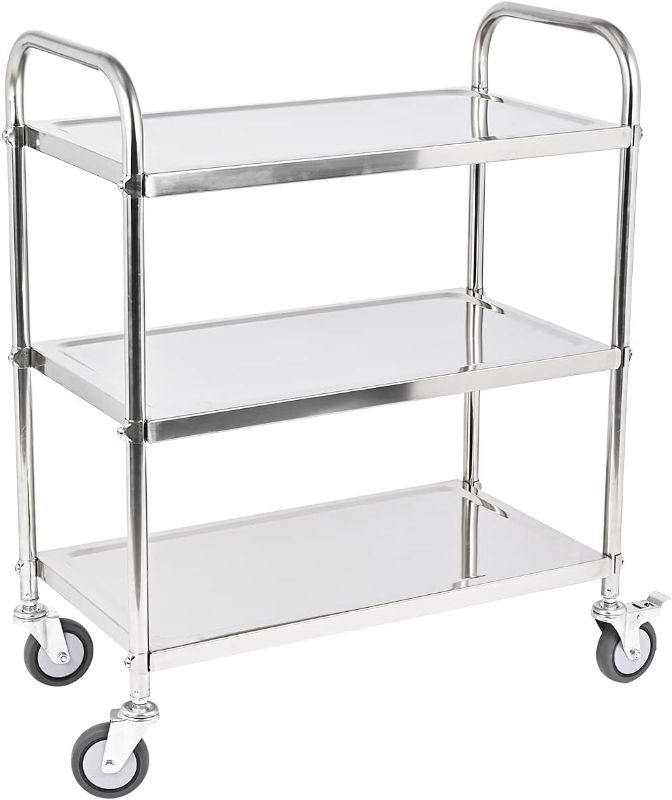 Photo 1 of Amarite 3 Shelf Stainless Steel cart?420 lbs?1MM Thick?Serving cart with Wheels, Household, Service Trolley,360°Rotation Storage Shelf with Locking Wheels?29.5*15.8*37.4?'' Stainless Utility cart. 420 pounds
