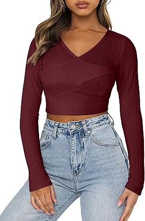 Photo 1 of Allytok Long Sleeve Crop Tops for Women V Neck Wrap Slim Fitted Knit Ribbed Tees Y2K Shirts SIZE M