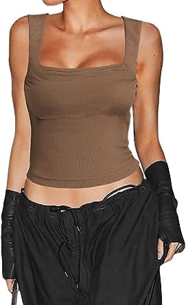 Photo 1 of Allytok Cropped Tank Tops for Women Y2K Summer Square Neck Sleeveless Strappy Ribbed Top SIZE M