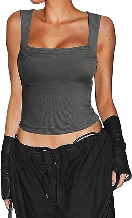 Photo 1 of Allytok Cropped Tank Tops for Women Y2K Summer Square Neck Sleeveless Strappy Ribbed Top SIZE M