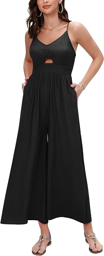 Photo 1 of KOJOOIN Women's Summer V Neck Sleeveless Jumpsuits Spaghetti Strap CutOut Smocked Long Wide Leg Rompers With Pockets
2XL