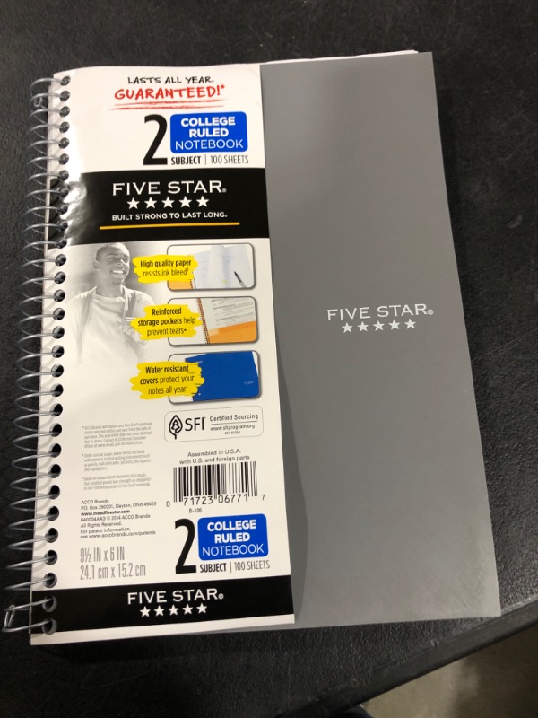 Photo 2 of Five Star Small Spiral Notebook, 2 Subject, College Ruled Paper, 9-1/2" x 6", 100 Sheets, Gray (840004AA3)