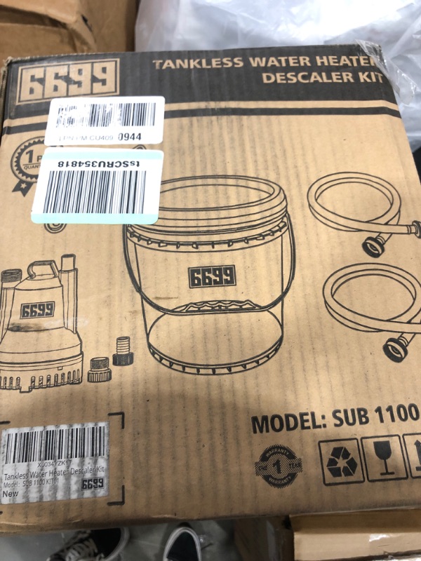 Photo 2 of 6699 Tankless Heater Descaling Flush Kit Includes Submersible Water Pump with Adapters 2.5 Gallons Pail with Bucket Lid Opener and Two 3/4" GHT X 6FT PVC Rubber Black Hoses Easy Installation to Clean