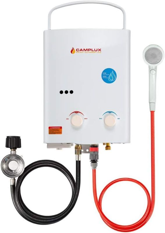 Photo 1 of Camplux 5L Outdoor Portable Water Heater, 1.32 GPM Tankless Propane Gas Water Heater for RV, Camping, Barns, White
