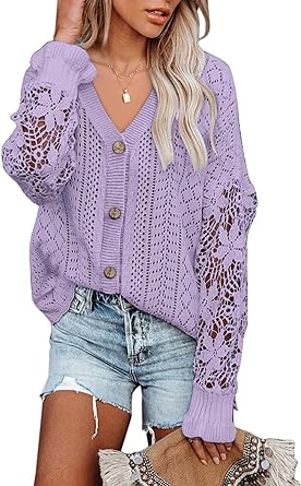 Photo 1 of AlvaQ Womens Lightweight Lace Crochet Cardigan Sweater Kimonos Casual Oversized Open Front Button Down Knit Outwear Medium