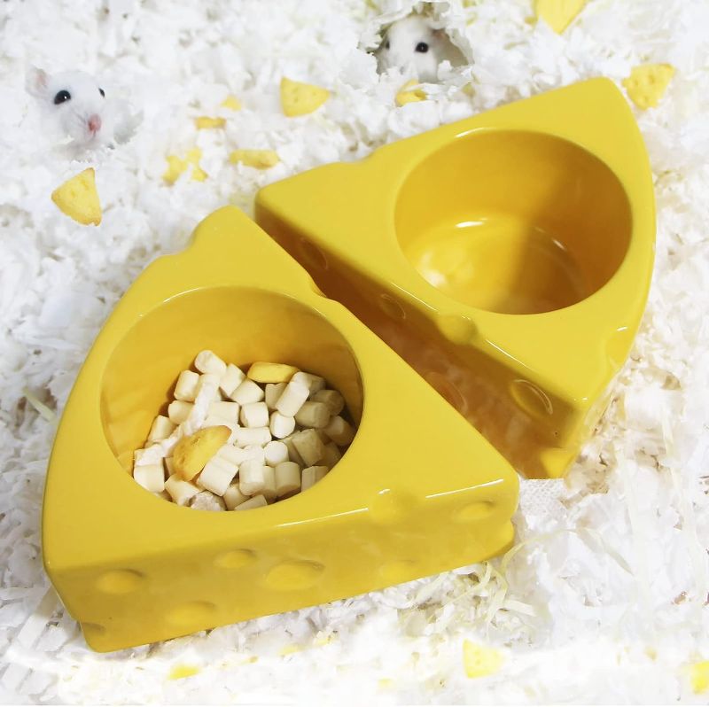 Photo 1 of Zhilishu Hamster Food Bowl, 2 Packs Guinea Pig Food & Water Bowls Ceramic Cheese Shape Feeding Drinking Bowl Food Dish Prevent Moving for Small Animals Rabbit Bunny Gerbil Rat Mice (Yellow) 