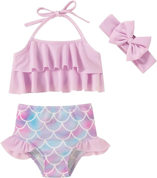 Photo 1 of 9 - 12months Baby Girls Swimsuit Ruffle Baby Bathing Suits Two Piece Infant Mermaid Bikini for Toddler Beach Swimming
