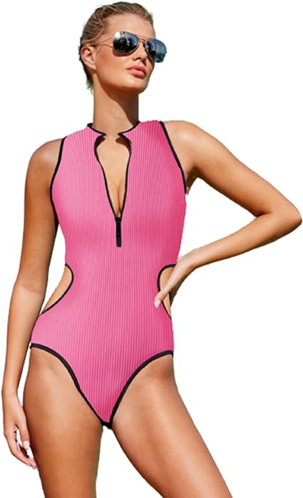 Photo 1 of 2XLUniikStuff Bodysuit for Women V Neck,Cut Out Waist Zipper Round Tank Bodysuit Sleeveless Ribbed Shapewear Tummy Bodysuit