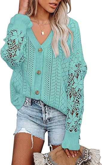 Photo 1 of AlvaQ Womens Lightweight Lace Crochet Cardigan Sweater Kimonos Casual Oversized Open Front Button Down Knit Outwear 2XL 