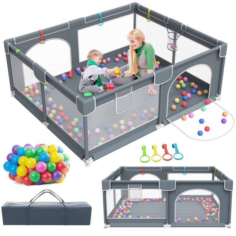 Photo 1 of Baby Playpen, 79" x 63" Extra Large Play Yard Playpen for Babies and Toddlers with 50 Ocean Balls, Indoor & Outdoor Safety Baby Activity Center with Breathable Mesh, Anti-Slip Suckers and Zipper Gate
