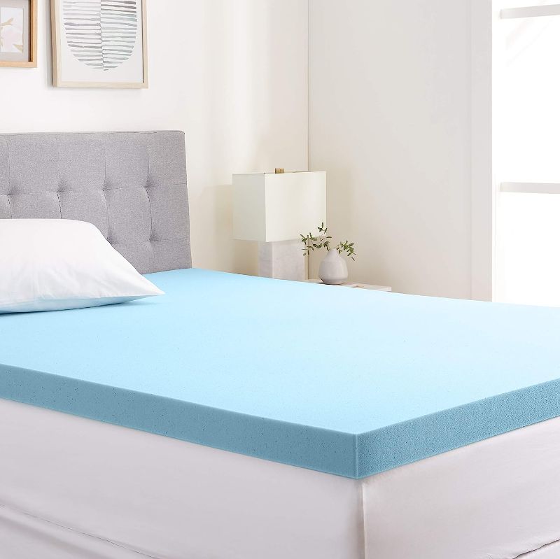 Photo 1 of Amazon Basics Cooling Gel-Infused Firm Support Mattress Topper, Alternative Latex Foam, 3 Inches, King, Blue
