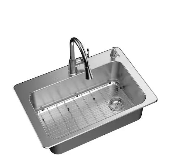 Photo 1 of All in-One 33 in. Drop-in/Undermount Single Bowl 18 Gauge Stainless Steel Kitchen Sink with Pull-Down Faucet/Strainer
