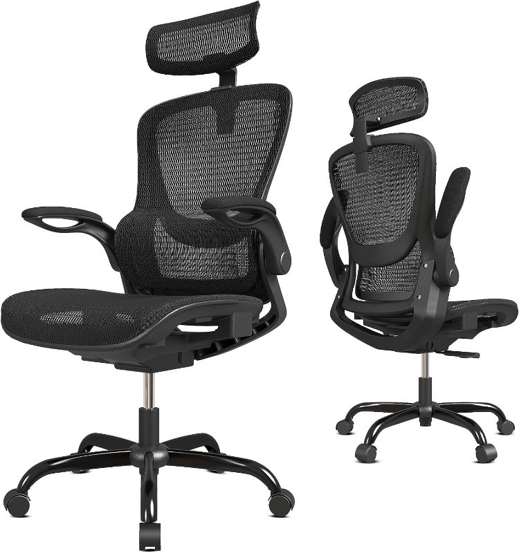 Photo 1 of GABRYLLY Ergonomic Office Desk Chair, High Back Mesh Chair with Adjustable Flip-up Arms & Headrest, Swivel Computer Task Chair with Lumbar Support, Tilt Function for Home,Office & Student(Black)
