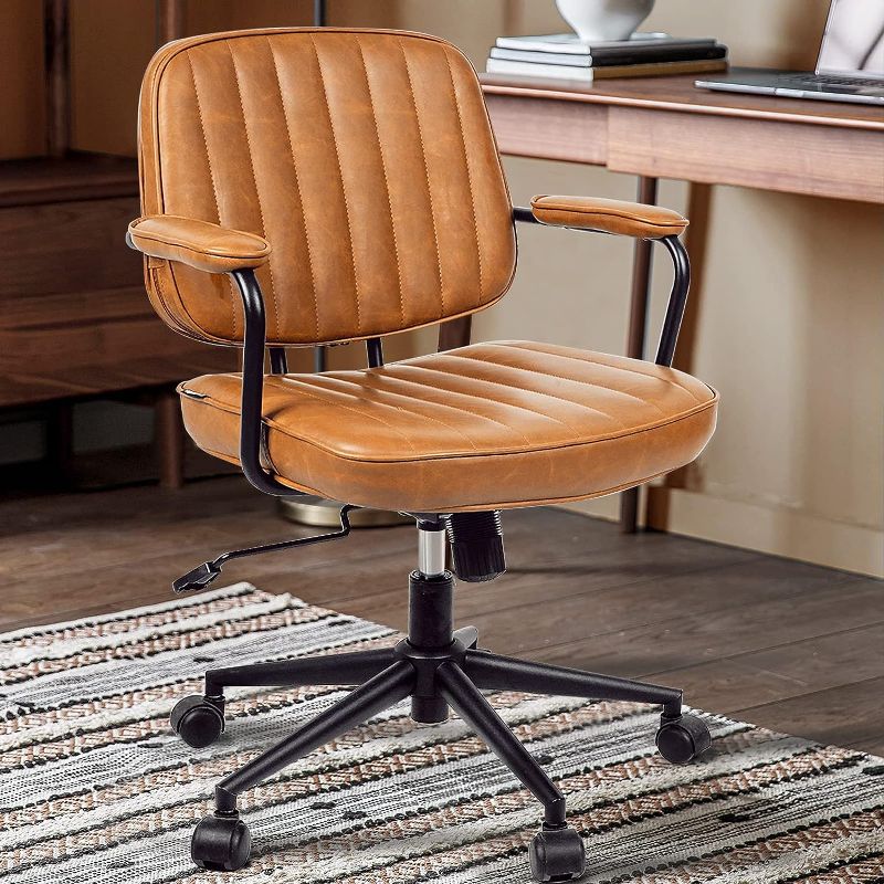 Photo 1 of Arts wish Mid Century Office Chair Leather Desk Chair Brown Office Desk Chair Home Office Chair with Wheels and Arms
