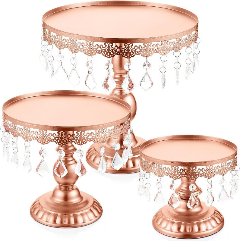 Photo 1 of 3 Pcs Cake Stand Set Round Cake Stand with Crystal Bling Pendants Dessert Table Display Set for Wedding Event Birthday Party (Rose Gold)
