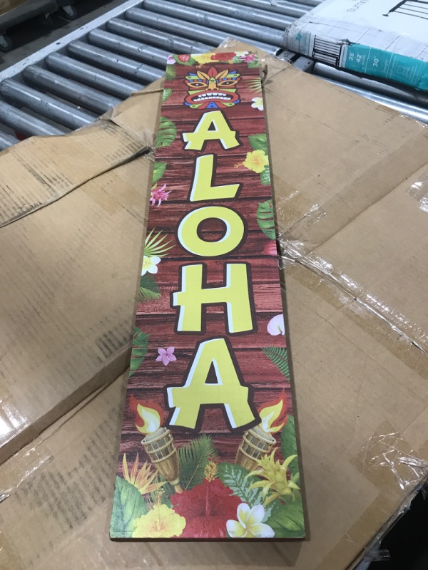 Photo 2 of 37.5 Inch Hawaii Tiki Party Wooden Aloha Porch Sign Tiki Banner Outdoor Front Door Luau Wooden Hanging Decorations Tiki Bar Door Banner for Hawaii Luau Tropical Birthday Party Decorations Mask