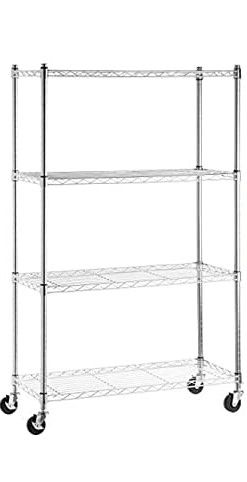 Photo 1 of Amazon Basics 4-Shelf Heavy Duty Shelving Storage Unit on 3'' Wheel Casters, Metal Organizer Wire Rack - Chrome Silver