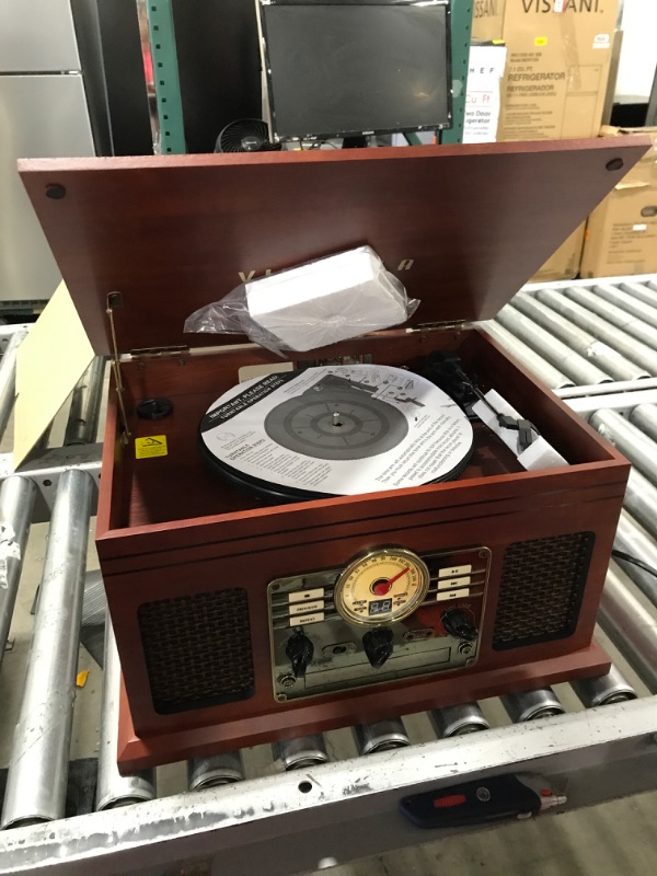 Photo 4 of Victrola Nostalgic 6-in-1 Bluetooth Record Player & Multimedia Center with Built-in Speakers - 3-Speed Turntable, CD & Cassette Player, FM Radio | Wireless Music Streaming | Mahogany Entertainment Center