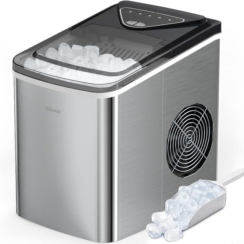 Photo 1 of  Silonn Ice Makers Countertop, 9 Cubes Ready in 6 Mins, 26lbs in 24Hrs, Self-Cleaning Ice Machine with Ice Scoop and Basket, 2 Sizes of Bullet Ice for Home Kitchen Office Bar Party 