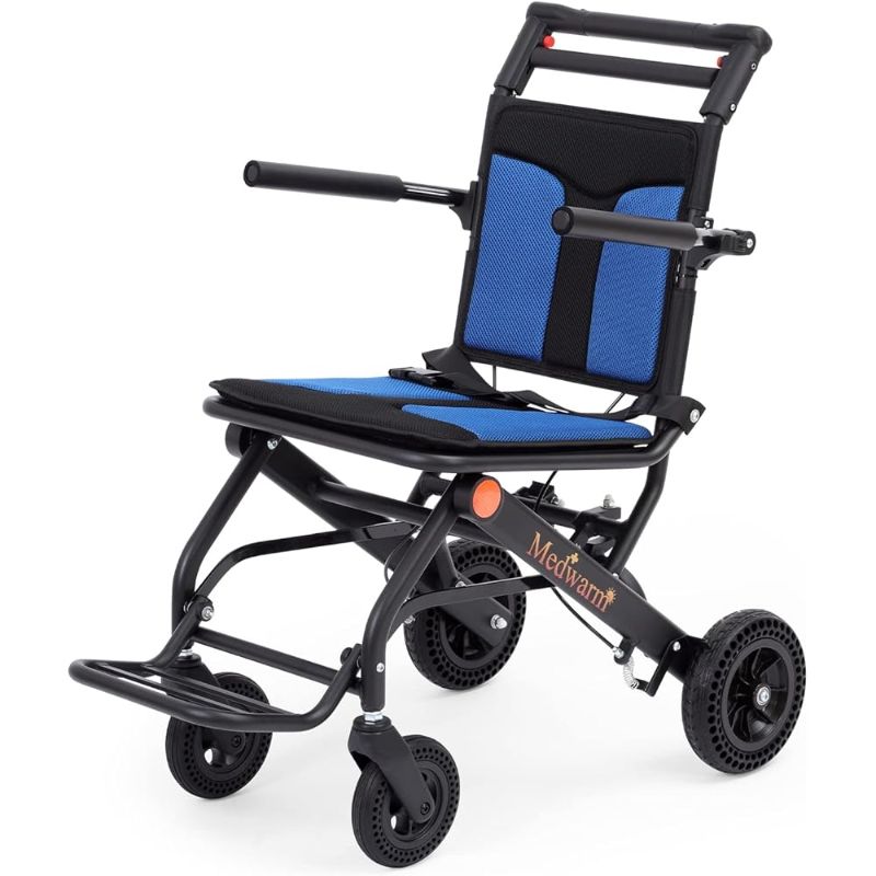 Photo 1 of  Medwarm Portable Aluminum Transport Wheelchair with Handbrake, 8" Rear Wheels, Compact Wheelchair, Ultralight Folding Travel Wheelchair for Adults & Kids, Black (Seat Width:15.75") 