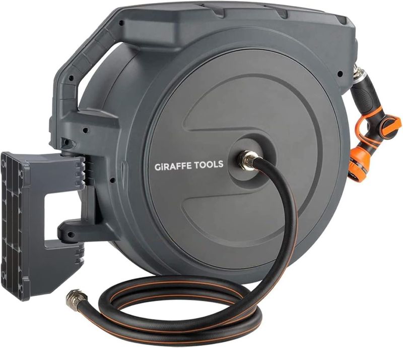 Photo 1 of  Giraffe Tools AW405/8MB Retractable Garden Hose Reel 5/8" x 90 ft PRO Metal Bracket, Heavy Duty, Any Length Lock Hose Reel, 90ft, Dark Grey 