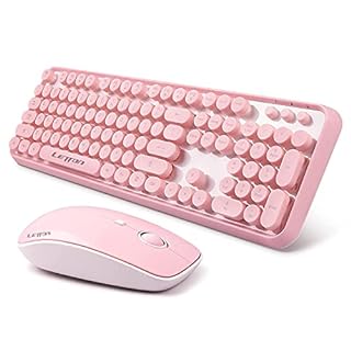 Photo 1 of Pink Wireless Keyboard Mouse Combo, 2.4GHz Wireless Retro Typewriter Keyboard and Mouse Combo, Letton Full Size Wireless Office Computer Keyboard and Cute Mouse with 3 DPI for Mac PC Desktop Laptop 