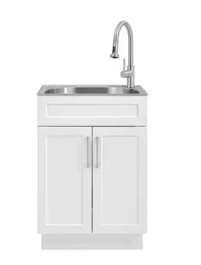 Photo 1 of All-in-One Stainless Steel 24 in Laundry Sink with Faucet and Storage Cabinet in White
