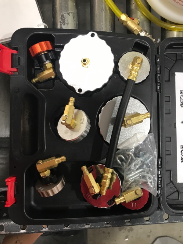 Photo 3 of Slippery Pete - Pressure Brake Fluid Bleeder Kit - Pressure Tank with Gauge, Relief Valve, Industrial Hose, Control Valve, 9 Metal Master Cylinder Reservoir Adapters, Receiver Bottle, Extractor Pump