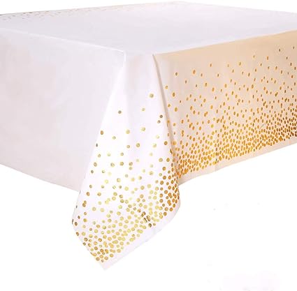 Photo 1 of 2 Pack White Premium Rectangle Table Plastic Tablecloth, Party Table Cloths Disposable, 54 x 108 inches, Gold Dots Rectangular Waterproof Table Cover, for Wedding Graduation Christmas Anniversary