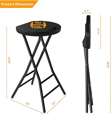 Photo 1 of 5Rcom Folding Stool,2 Pack 24 inch Tall Folding Bar Stool with Handle, Metal and Plastic Foldable Stool for Adults with Steel Frame Legs, 300lbs Capacity, Black