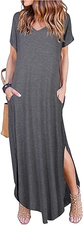 Photo 1 of Arolina Women's Summer Maxi Dress Short Sleeve V Neck Casual Loose Long Beach Split Dresses with Pockets