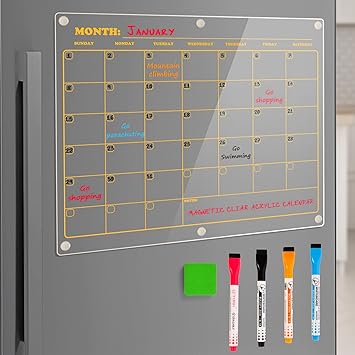 Photo 1 of Acrylic Magnetic Dry Erase Board Calendar for Fridge, 16×12 inch Clear Magnet Refrigerator Calendar 2023 Weekly Monthly Dry Erase Board Includes 4 Colors Dry Erase Markers and Eraser