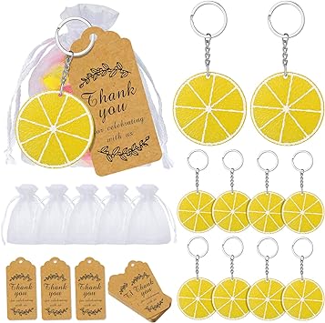 Photo 1 of 36 Sets Keychain Party Favors Baby Shower Return Favors School Carnival Prizes with Thank You Kraft Tags Organza Gifts Bags for Kids Birthday Baby Shower Party Supplies Bag Fillers (Lemon)
