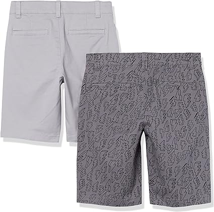 Photo 1 of Amazon Essentials Boys' Uniform Woven Flat-Front Shorts, Pack of 2, 2-Pack Grey/Bolts, 10
