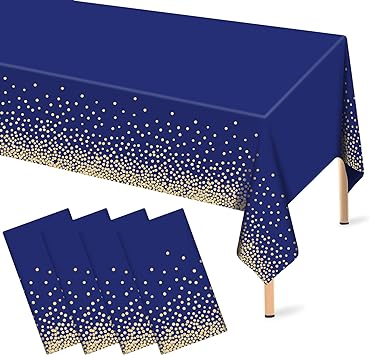 Photo 1 of 4 Pcs Navy Blue Plastic Tablecloth Gold Dot Blue Table Cloths, 54×108 inches Disposable Gold Dot Confetti Dark Blue Table Cover for Anniversary, Friendsgiving, Fine Dining, Graduation Party Decoration
