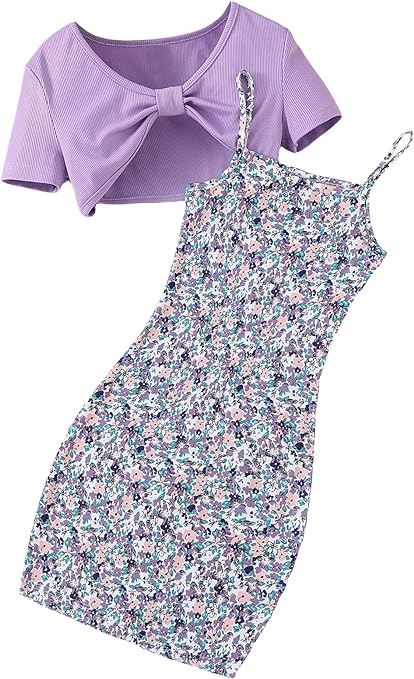 Photo 1 of 9 years old Cozyease Girls' 2 Piece Outfit Ditsy Floral Print Cami Dress with Ruched Front Super Crop Tee
