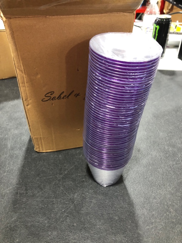 Photo 2 of 100 Purple Rimmed Plastic Cups and 1 Silver Ice Tong Set - 9 Ounce Disposable Wine Glasses - Plastic Cocktail Cups - Fancy Clear Plastic Cups - Mermaid Party Supplies
