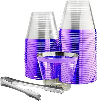 Photo 1 of 100 Purple Rimmed Plastic Cups and 1 Silver Ice Tong Set - 9 Ounce Disposable Wine Glasses - Plastic Cocktail Cups - Fancy Clear Plastic Cups - Mermaid Party Supplies
