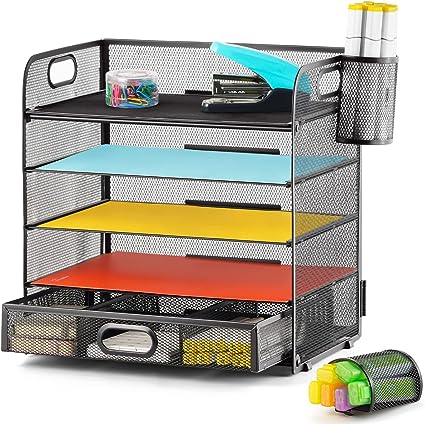 Photo 1 of Marbrasse Upgraded Desktop File Organizer, 5 Tier Mesh Desk Organizer with Pen Holder and Drawer, Desk Organizers and Accessories, Paper Tray Organizer for Letter/A4 Office File Folder Holder - Black
