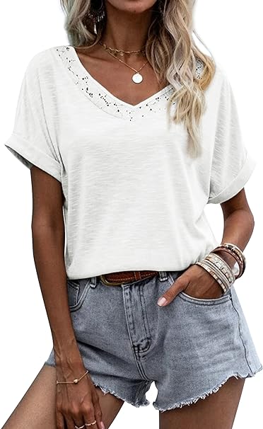 Photo 1 of ZIWOCH Women's Summer Short Sleeve Shirts Casual Lace Trim V Neck - XL White
