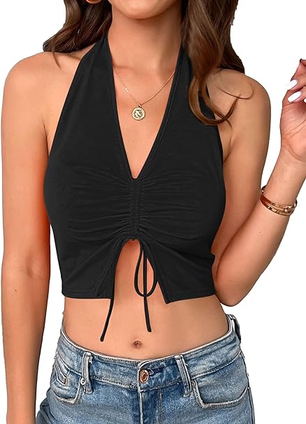 Photo 1 of BZB Women's Sexy V Neck Strappy Backless Sleeveless Cami Tank Slim Fitted Strap Y2K Cropped Vest Crop Tops Shirt- small
