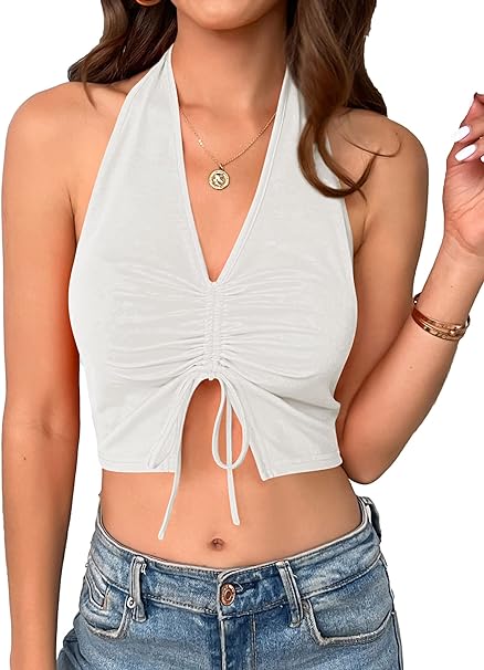 Photo 1 of BZB Women's Sexy V Neck Strappy Backless Sleeveless Cami Tank Slim Fitted Strap Y2K Cropped Vest Crop Tops Shirt- small
