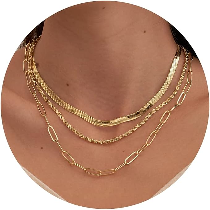 Photo 1 of CHESKY Layered Gold Necklaces for Women , 14K Gold Chain Necklaces Stacked Herringbone Rope Paperclip Chain Necklaces Chunky Gold Snake Choker Necklaces
